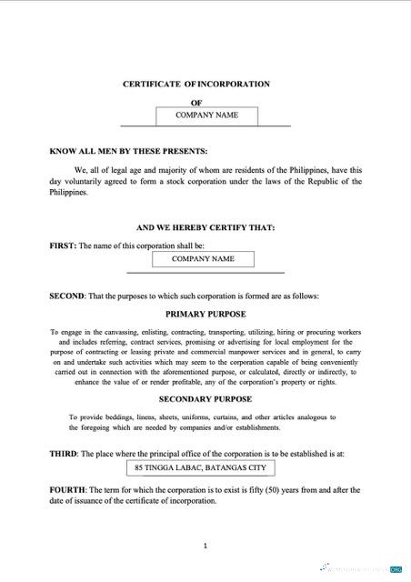 Premium Philippinen Batangas Certificate von Incorporation Word und PDF Vorlage