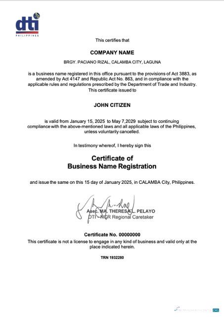 Realistische Philippinen Calamba Certificate von Geschäftlich Name Registration Word und PDF Vorlage