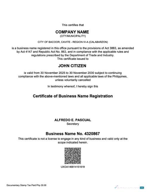 Hochwertige Philippinen Certificate von Geschäftlich Name Registration Word und PDF Vorlage
