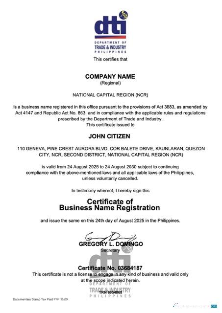 Philippinen Certificate von Geschäftlich Name Registration Word und PDF Version 2 muster