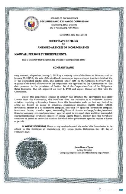Realistische Philippinen Certificate von Unternehmen Incorporation Word und PDF Vorlage, Version 2