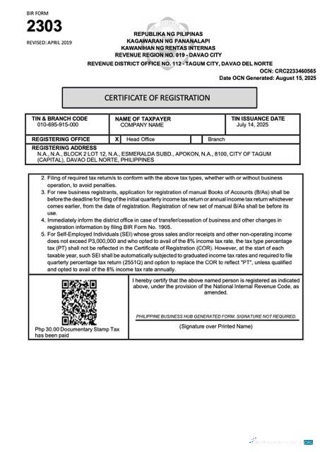 Premium Philippinen Certificate von Registration Word und PDF Vorlage, Version 2