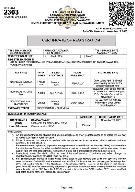 Realistische Philippinen Certificate von Registration Word und PDF Vorlage, Version 3