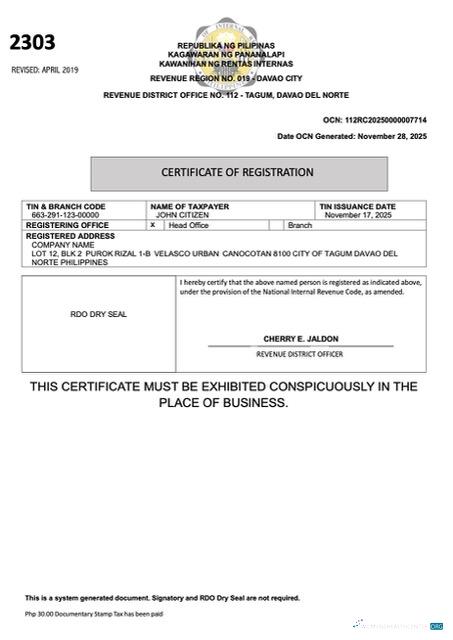 Editierbare Philippinen Certificate von Registration Word und PDF Vorlage, Version 4