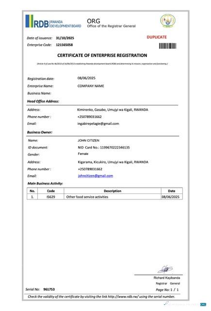 Editierbare Ruanda Certificate von Enterprise Registration Word und PDF Vorlage, Version 2
