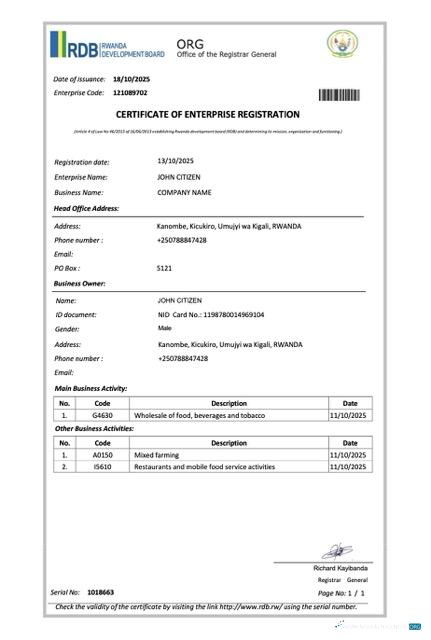 Hochwertige Ruanda Certificate von Enterprise Registration Word und PDF Vorlage