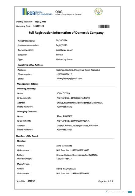 Premium Ruanda Full Registration Information von Domestic Unternehmen Word und PDF Vorlage