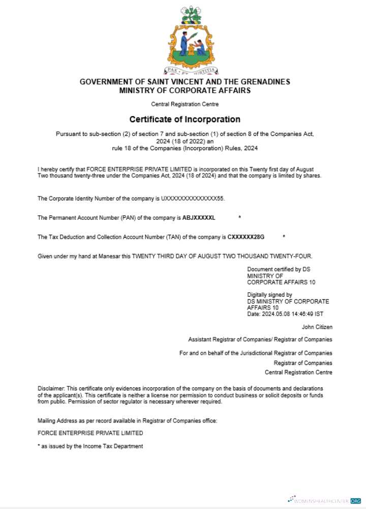 Editierbare Saint Vincent und The Grenadines Geschäftlich Registration Certificate Word und PDF Vorlage