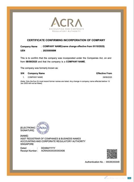 Professionelle Singapur Certificate Confirming Incorporation von Unternehmen Word und PDF Vorlage