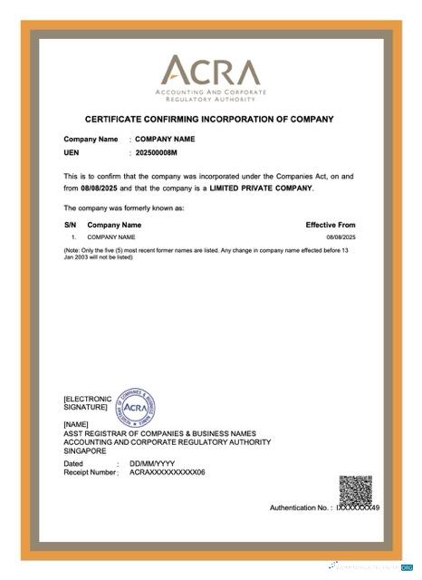 Realistische Singapur Certificate von Unternehmen Incorporation Word und PDF Vorlage