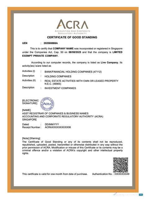 Hochwertige Singapur Certificate von Good Standing Word und PDF Vorlage, Version 2