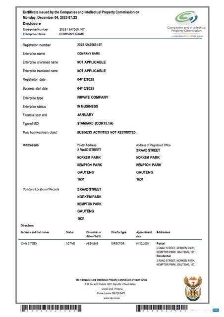 Editierbare Südafrika Certificate von Unternehmen Registration Word und PDF Vorlage