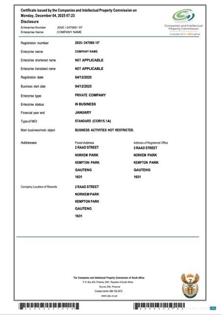 Premium Südafrika Certificate von Unternehmen Registration Word und PDF Vorlage, Version 2