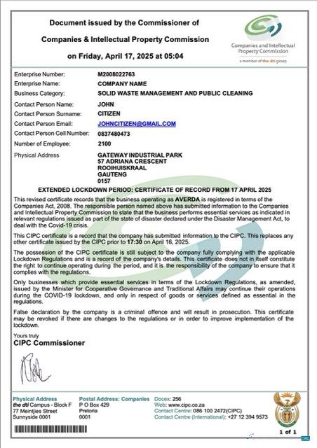 Professionelle Südafrika Certificate von Unternehmen Registration Word und PDF Vorlage, Version 3