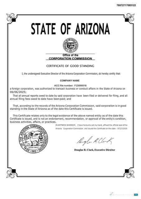 Editierbare USA Arizona Certificate von Good Standing Word und PDF Vorlage, Version 2