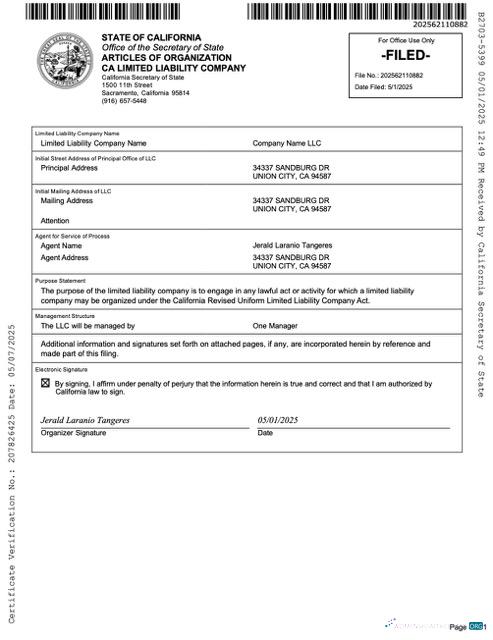 Professionelle USA California Articles von Organization GmbH Liability Unternehmen Word und PDF Vorlage
