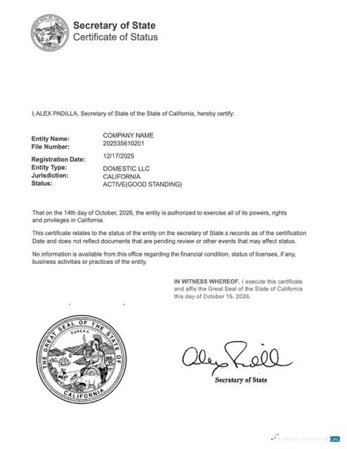 Premium USA California Certificate von Good Standing Word und PDF Vorlage, Version 2