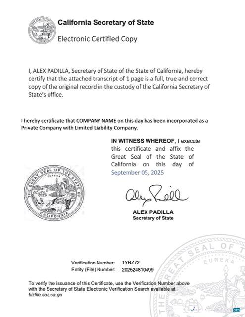 Editierbare USA California Electronic Registration Certificate Word und PDF Vorlage