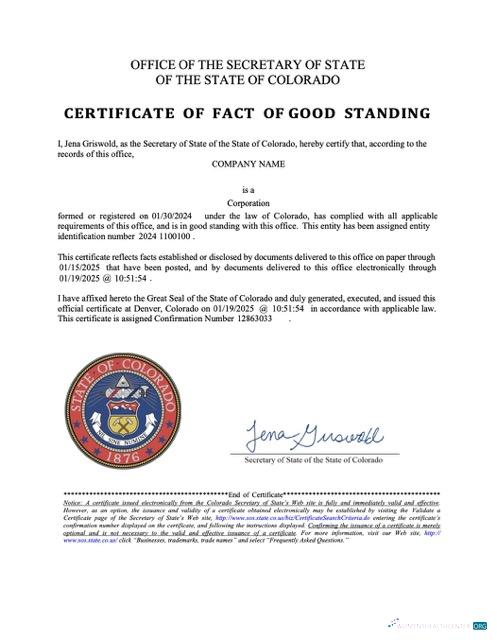 Realistische USA Colorado Certificate von Fact von Good Standing Word und PDF Vorlage