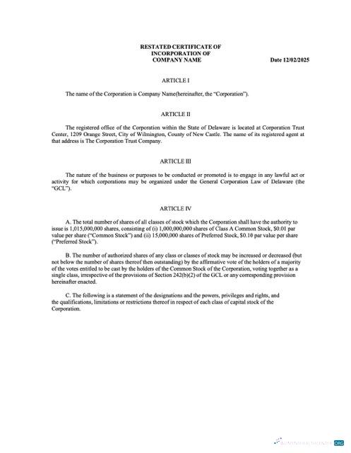 Editierbare USA Delaware Certificate von Incorporation Word und PDF Vorlage, Version 2