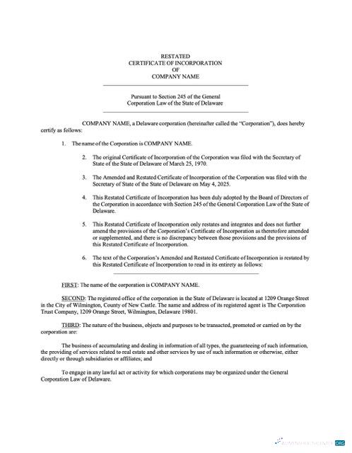 Professionelle USA Delaware Certificate von Incorporation Word und PDF Vorlage, Version 3