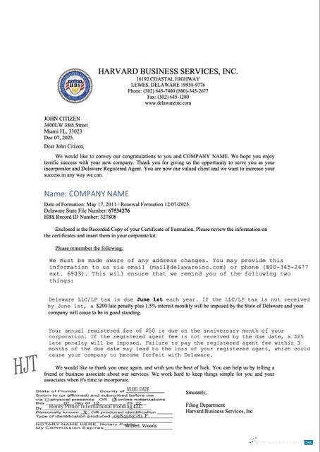 Professionelle USA Delaware Registration Certificate Word und PDF Vorlage, Version 2