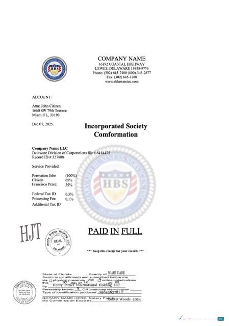 Realistische USA Florida Incorporated Society Comformation Word und PDF Vorlage