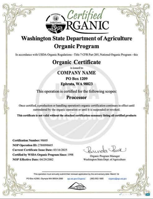Premium USA Washington Organic Certificate von Unternehmen Word und PDF Vorlage