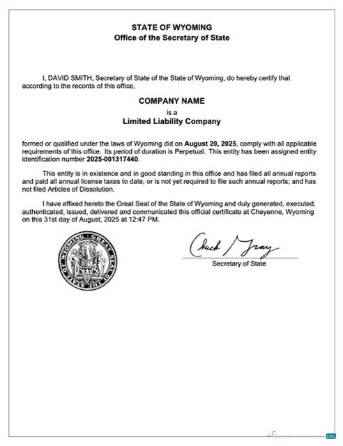 Professionelle USA Wyoming Certificate von Registration Word und PDF Vorlage, Version 2