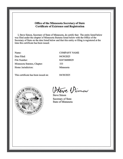 Premium USA Minnesota Certificate von Existence und Registration Word und PDF Vorlage