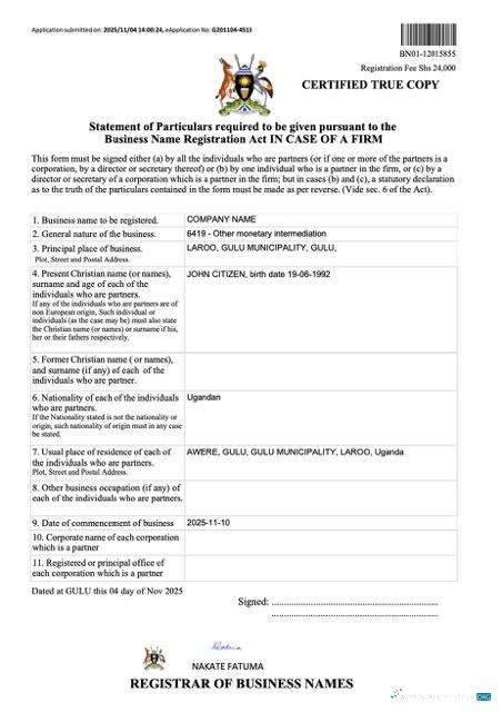 Professionelle Uganda Geschäftlich Name Registration Certificate Word und PDF Vorlage, Version 2