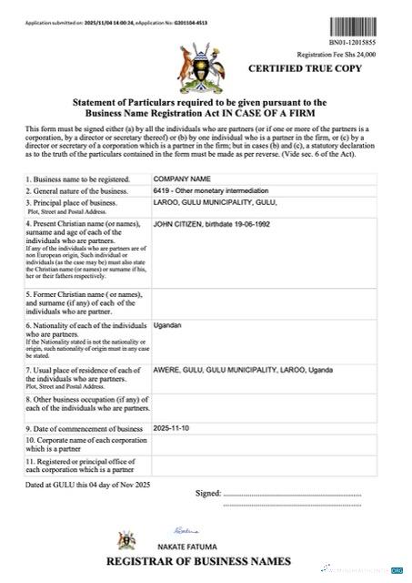 Professionelle Uganda Geschäftlich Name Registration Certificate Word und PDF Vorlage, Version 3
