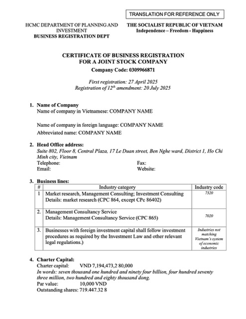 Editierbare Vietnam Certificate von Geschäftlich Registration Word und PDF Vorlage