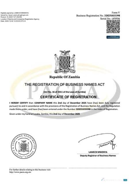 Editierbare Sambia Certificate von Geschäftlich Name Registration Word und PDF Vorlage