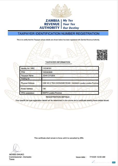 Premium Sambia Taxpayer Identification Number Registration Word und PDF Vorlage