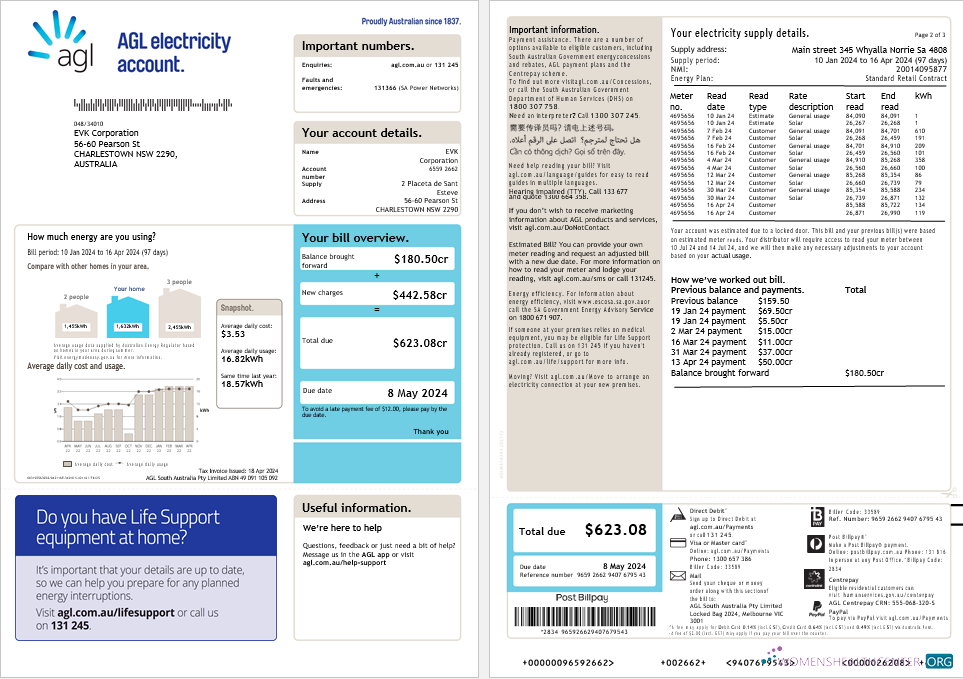Australien AGL Strom Konto Energy Geschäftlich Nebenkostenabrechnung, 3 Seiten, Version 2 modell