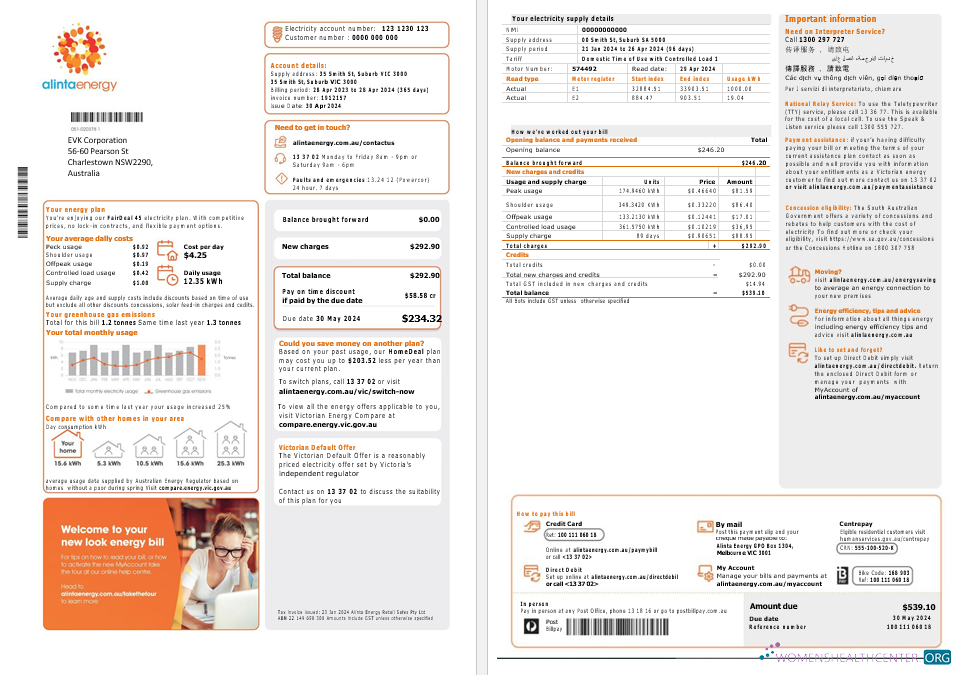 Professionelle Australien Alinta Energy Strom Geschäftlich Nebenkostenabrechnung Vorlage in Word und PDF Format, 2 Seiten