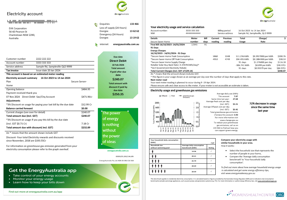 Professionelle Australien Energy Australien Strom Geschäftlich Nebenkostenabrechnung Vorlage in Word und PDF Format, 3 Seiten