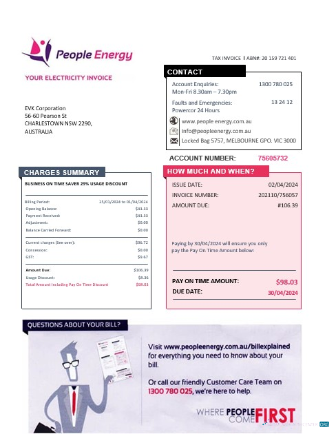 Professionelle Australien People Energy Strom Geschäftlich Nebenkostenabrechnung Vorlage in Word und PDF Format