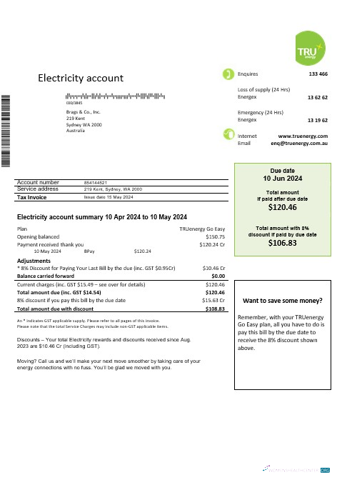 Hochwertige Australien Tru Energy Strom Geschäftlich Nebenkostenabrechnung Vorlage in Word und PDF Format