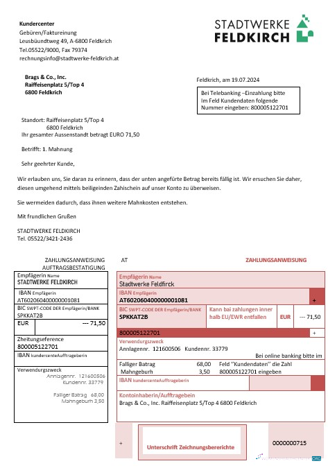 Editierbare Österreich Stadtwerke Feldkirch Geschäftlich Nebenkostenabrechnung Vorlage in Word und PDF Format