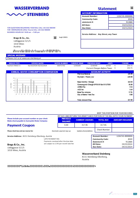 Realistische Österreich Wasserverband Steinberg Wasser Geschäftlich Nebenkostenabrechnung Vorlage in Word und PDF Format