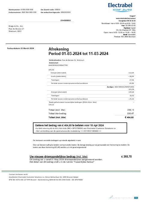 Editierbare Belgien Electrabel Strom Geschäftlich Nebenkostenabrechnung Vorlage, Fully Editable in Word und PDF Format