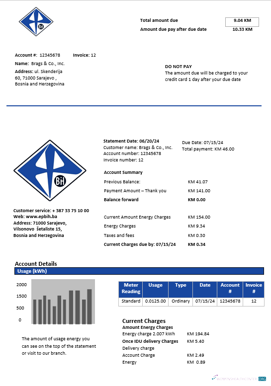 Realistische Bosnien und Herzegowina Elektroprivreda BiH Strom Geschäftlich Nebenkostenabrechnung Vorlage in Word und PDF
