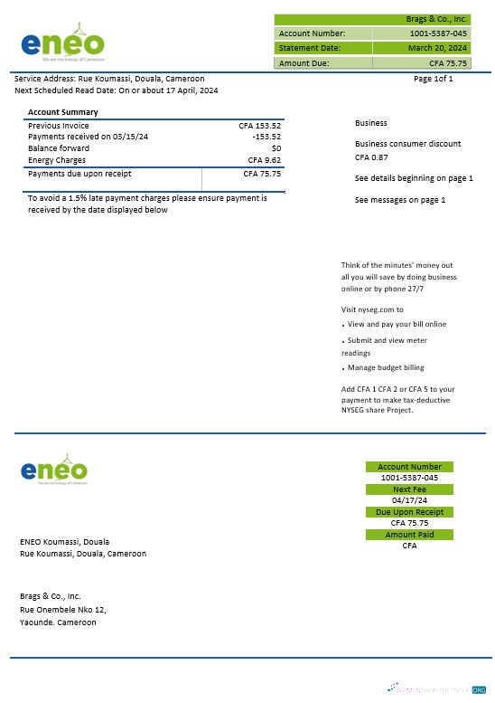 Premium Kamerun ENEO Strom Geschäftlich Nebenkostenabrechnung Vorlage in Word und PDF Formats