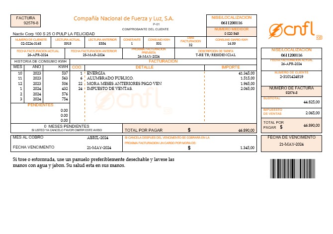 Costa Rica Compania Nacional de Fuerza Y Luz, S A CNFL Geschäftlich Nebenkostenabrechnung in Word und PDF Formats design