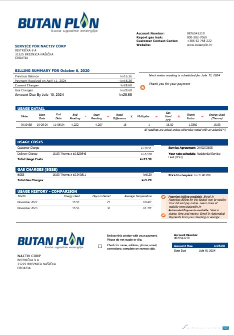 Realistische Kroatien BUTAN PLIN Doo Gas Geschäftlich Nebenkostenabrechnung Vorlage in Word und Pfd Formats