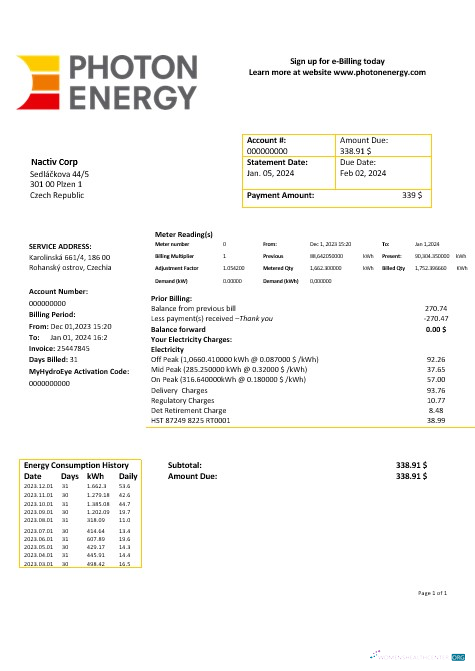 Editierbare Tschechien Republik Photon Energy Geschäftlich Nebenkostenabrechnung Vorlage in Word und PDF Formats