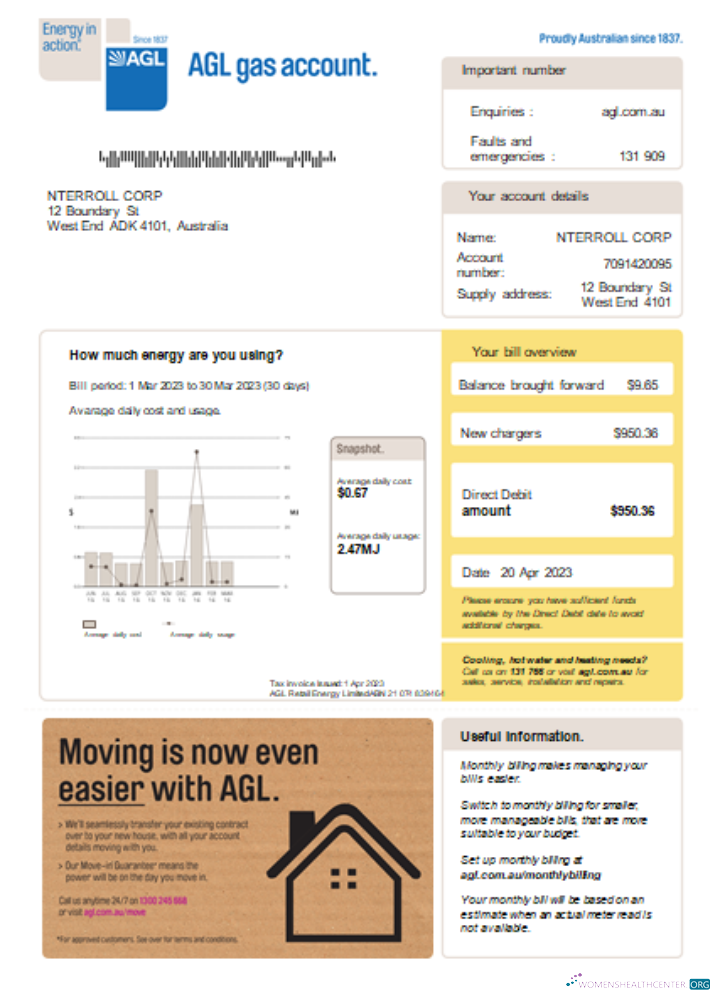 Realistische Herunterladen AGL Gas Utility Geschäftlich Bill SCR Photoshop Vorlage