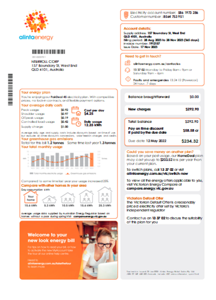 Premium Herunterladen Alinta Energy Strom Utility Geschäftlich Bill, Seite 1, SCR Photoshop Vorlage